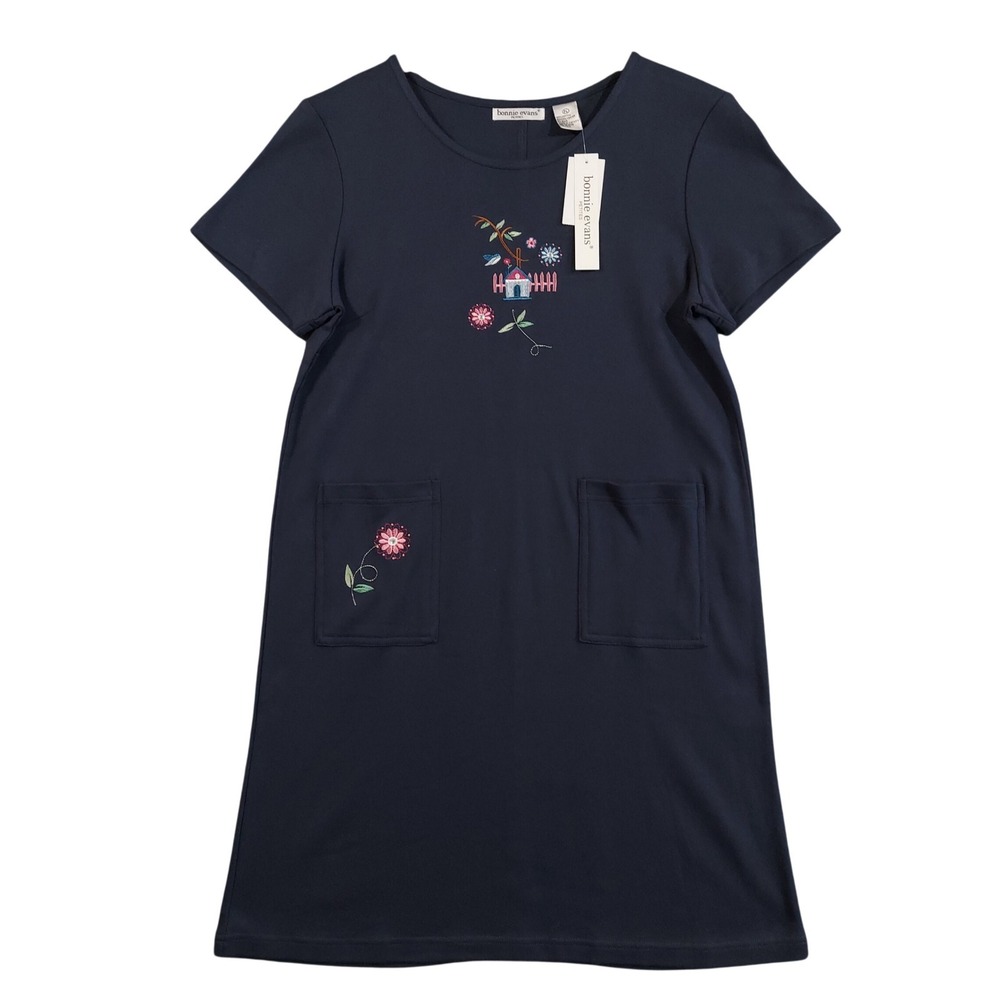 Bonnie Evans T-Shirt Dress Women PL Black Iris Embroidered Birdhouse Pockets NEW